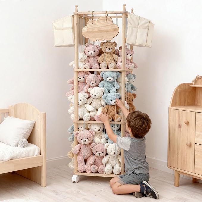 M MEEPO Stuffed Animal Storage & Organizer, with 2-Piece Large Detachable Toy Storage Bags, Wooden Tall Zoo Toys Storage with Wheels for Kids Playroom Kidroom Bedroom, Easy Assemble, 53 Inch