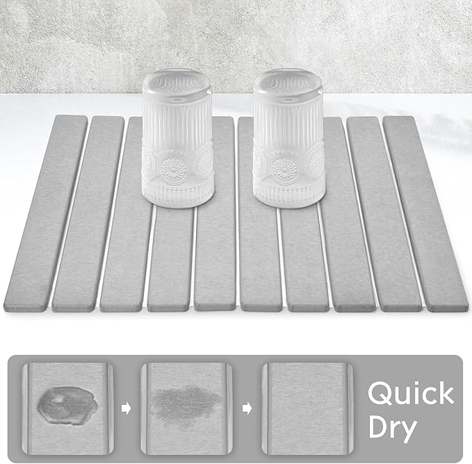 Stone Dish Drying Mat for Kitchen Counter – 23"(L)×15 (W)" Foldable Absorbent Diatomaceous Earth Dish Drying Mats, Kitchen Counter Mats for Dishes Bottles Cups, Match Any Countertop - Grey