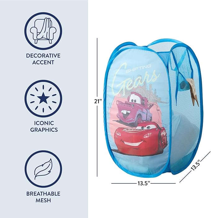 Disney Cars Pop-Up Hamper with Durable Carry Handles for Laundry, Kids Room & Nursery Storage, 21”H x 13.5”W x 13.5”L