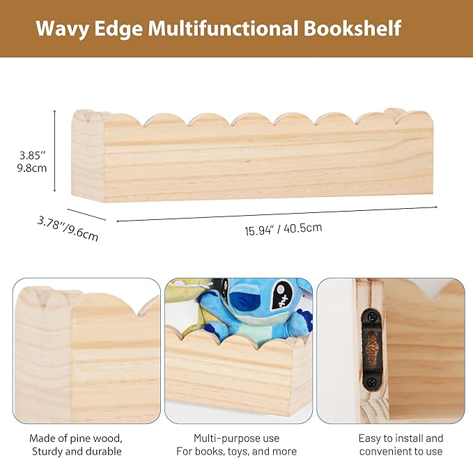 Wood Floating Shelves for Wall,Nursery Bookshelf,Kids Book Shelf,Baby Toys Storage Decor Organizer Wall Mounted for Living Room Bedroom,Wavy Edge,Preassembled,2 Pack,Scalloped Pine(Natural Wood)