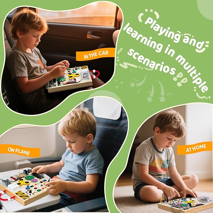 GNAYUIJ Montessori Wooden Busy Board Toys for 1 2 3 Boys Girls,Toddler Sensory Educational Fidget Board Travel Toy with LED Light Up Switches & Music Boxes, Locks for Kids Gifts