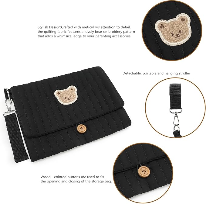 MOMIGO Baby Diaper Bag Organizer Pouches - Waterproof Pod Foldable Diaper Organizer Set, Cute Bear Bag Gift for Baby Shower (Black)