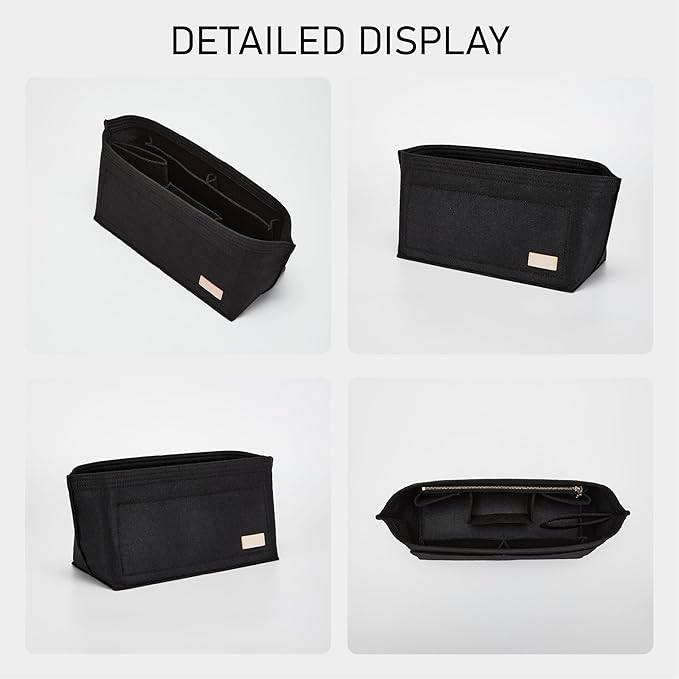 Purse Organizer Insert, Tote Bag Organizer Insert with Base Shaper,Felt Zipper Handbag Inner Dividers Compatible with Neverfull MM Speedy 30, City 33 and More,Black/L
