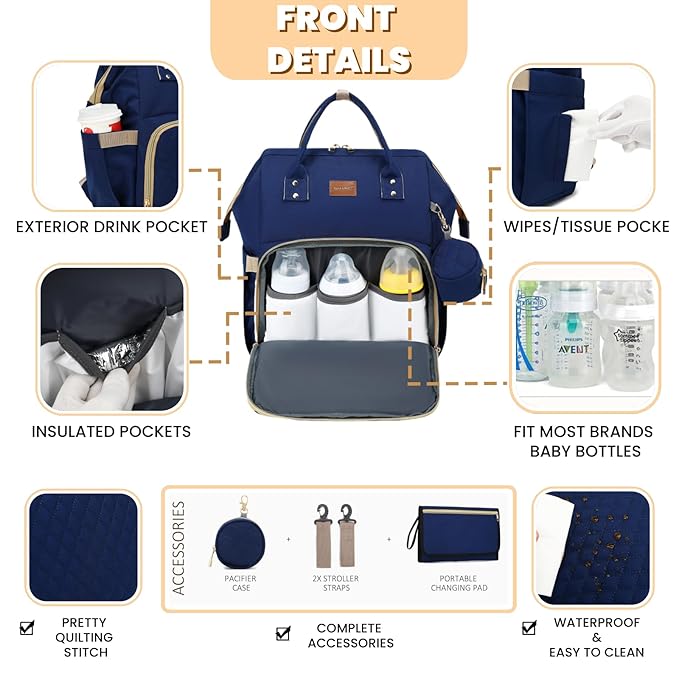 ROSEGIN Diaper Bag Backpack with Changing Pad, Pacifier Case, Baby Bag for Boy Girl Toddler - Large, Stylish, Waterproof Travel Quilted Diaper Bag for Mom - Baby Shower - Navy Blue