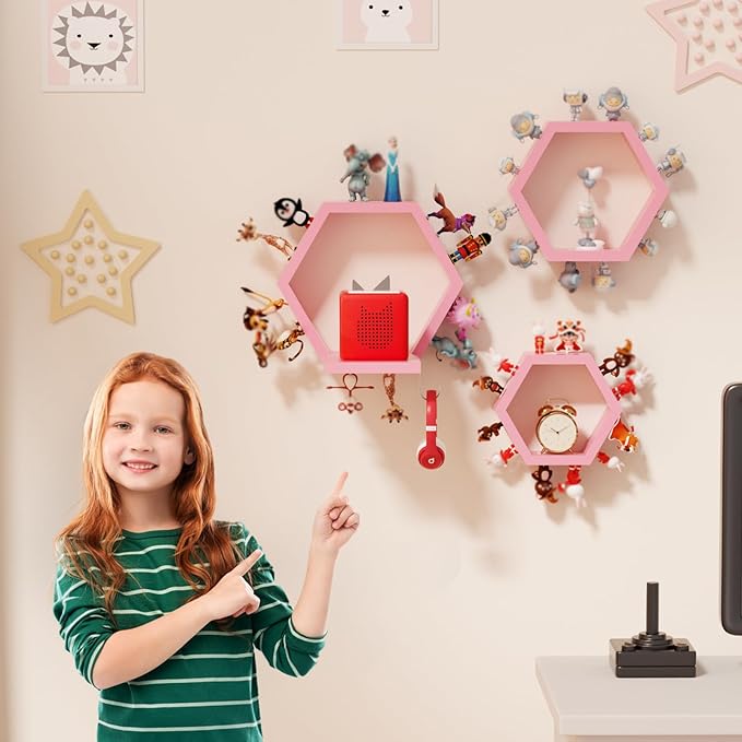 Hexagon Tonies Shelf Magnetic - Tonies Storage Shelf Set of 3 for Kid Room, Wooden Magnetic Display Shelf for TonieBox Holder, Wall Floating Shelves Toy Storage Compatible with Tony Accessories(Pink)