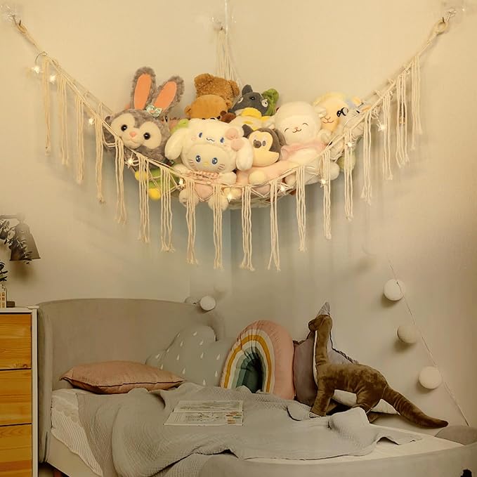 Stuffed Animals Net or Hammock with LED Light, 59 inch Toy Hammock Net for Stuffed Animals Corner Hanging Stuffed Animal Storage Stuffed Animal Holder for Nursery Kids Bedroom (White)