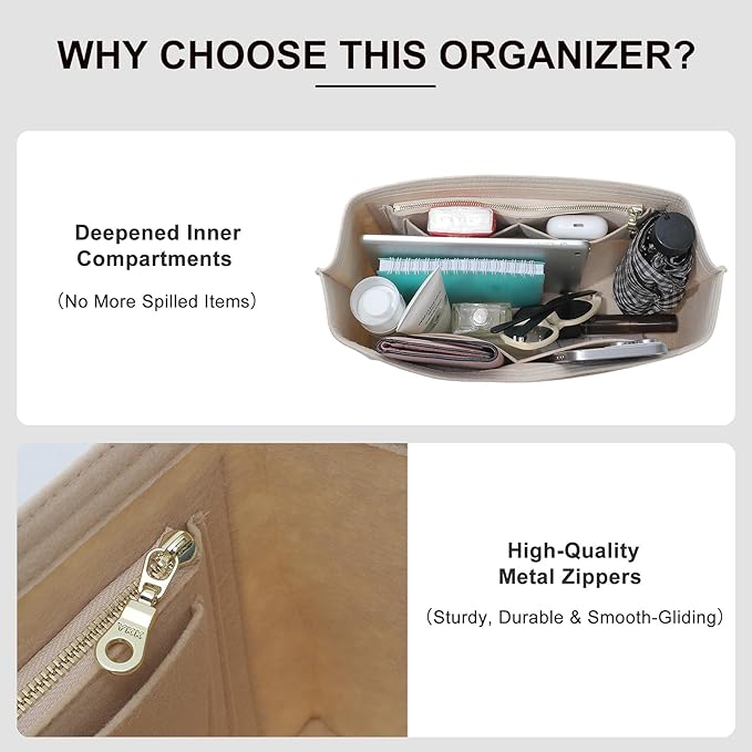 Premium Felt Purse Organizer Insert Compatible with Long Champ Le Pliage L Backpack, Lightwieight Bag Divider Shaper with 8 Pockets & YKK Zipper, Beige/LB