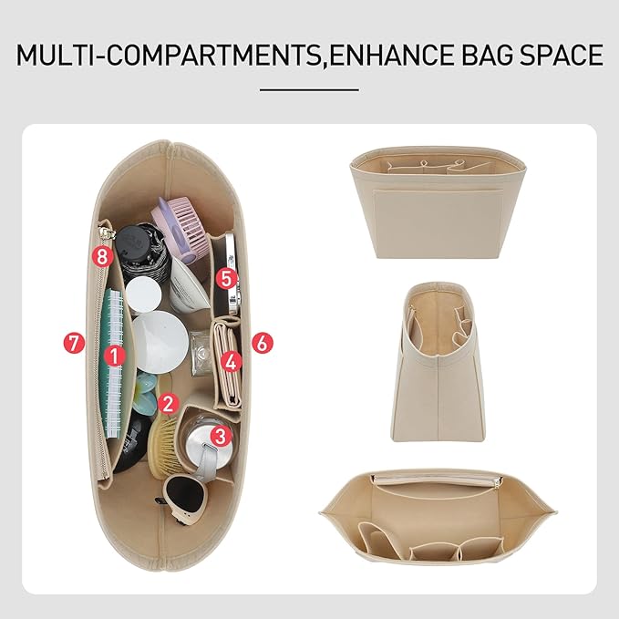 Felt Purse Organizer Insert Compatible with Longchamp Le Pliage S Hangbag, Zipper Long Champ Small Handbag Organizer with Cup Holder, 7 Compartments Bag Insert(Beige,S)