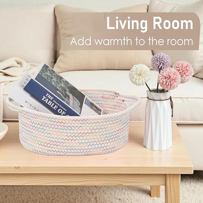 JMvicyroam Woven Basket,Small Rope Storage Bin with Handles & Ribbon Bag, Organizer for Shelves Closets,Gift Basket Empty for Birthday,Books,Dog Toys, Colorful/3 Pack