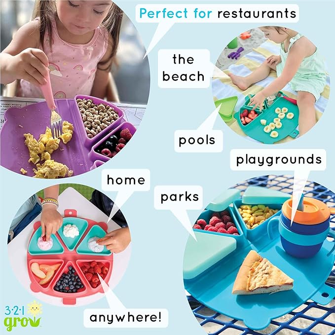 Silicone On-The-Go Snack Mat – Foldable Reusable Placemat with 3 Compartments and Lids – Travel-Friendly Baby and Toddler Snack Plate – Dishwasher Safe (Cotton Candy)