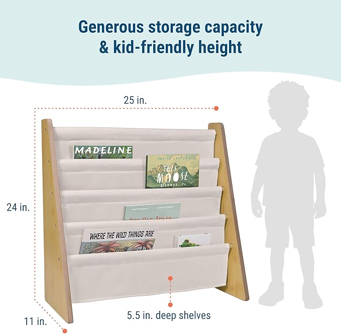 Wildkin Wooden Sling Bookshelf for Kids – Premium Canvas Design with 4 Fabric Shelves, Organizer for Home or Classroom - Natural w/Tan