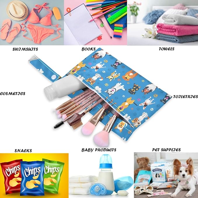 visesunny Funny Asorted Dog and Footprint 2Pcs Wet Bag with Zippered Pockets Washable Reusable Roomy for Travel,Beach,Pool,Daycare,Stroller,Diapers,Dirty Gym Clothes, Wet Swimsuits, Toiletries