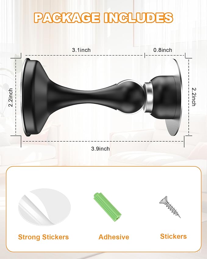 Crosize Magnetic Door Stoppers 6 Pack, Stainless Steel Door Stops for Wall and Floor Mounting, Door Holder Keep Door Open, No Drilling Door Stop with 3D Adhesive Tapes, Black