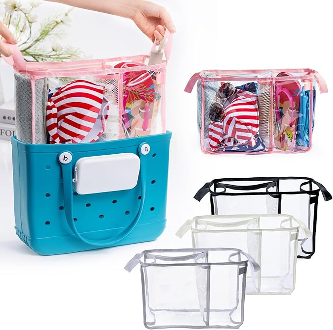 Clear Beach Bag Organizer Insert with 3pcs Accessories for Medium Bogg Bag Inserts -Beach Tote Bag Divider with Sunglasses Holder, Phone Holder and Clips Hooks - Beach Tote Insert Organizer Liner