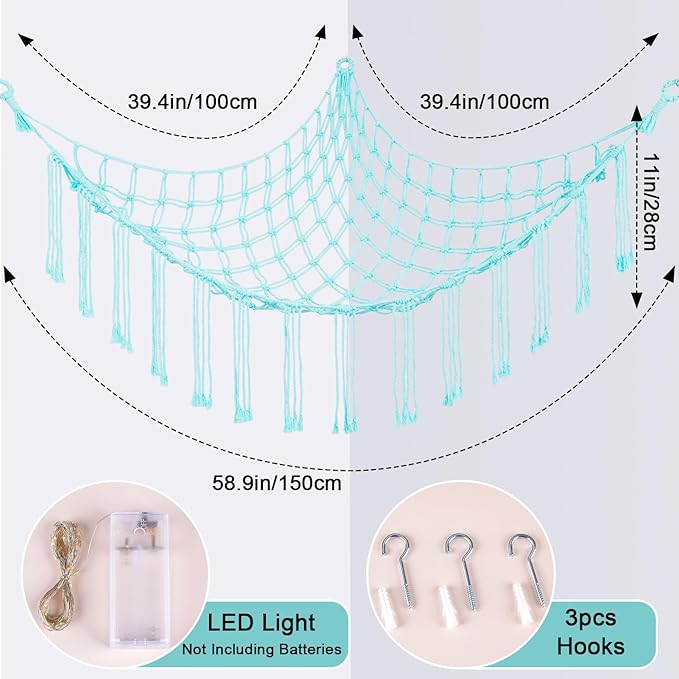 Basumee Stuffed Animals Net or Hammock with LED Light, Hanging Stuffed Animals Storage Toy Hammock Net Corner Wall Girls Room Decor Toy Storage Organizer, Light Aqua Green, L