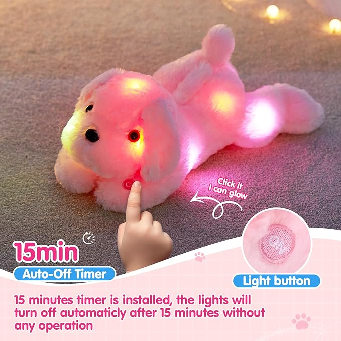 WEWILL 18'' Light up Pink Puppy Dog LED Stuffed Animal with Colorful Night Light Glow Soft Plush Toy Gifts for Kids on Christmas Birthday