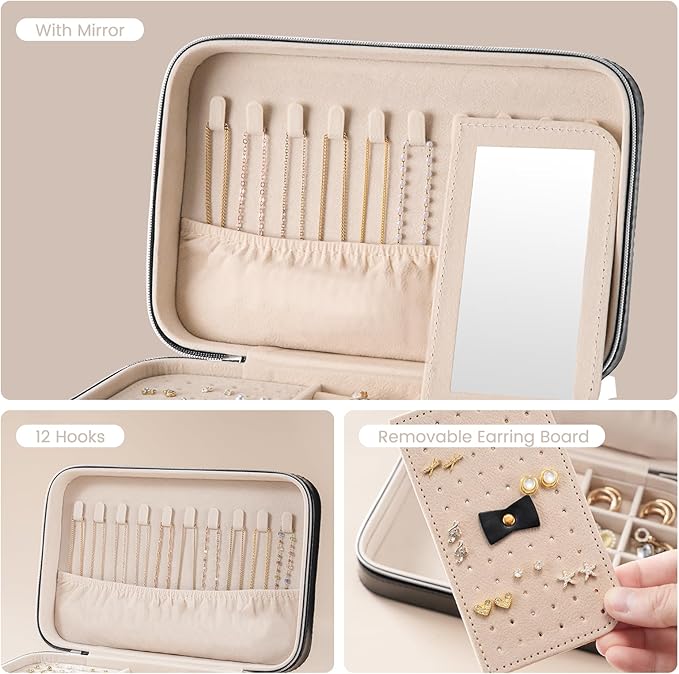 Lolalet Travel Jewelry Case for Women Girls, Travel Jewelry Organizer Box with Mirror & Clear Storage Bag, Small Portable Earring Necklace Bracelet Ring Case, Birthday Valentine Gifts -Medium, Black