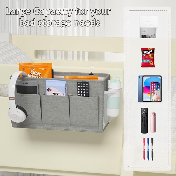 Edudif Dual-purpose Bedside Caddy Bedside Organizer, Bed Caddy with 6 Pockets, Versatile Bedside Storage Solution Magazine Remotes holder, ideal for Home, Dorm, Hospital, Crib Bed (Grey 2pcs)