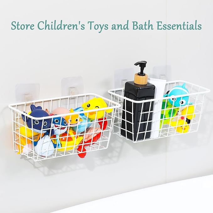Metal Bath Toy Holder, Hanging Bathtub Toy Storage, Wall Mounted Bath Tub Baby Toys Organizer, Iron Shower Caddy For Bathroom, White, 2 Pack
