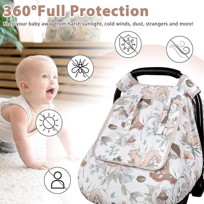 Car Seat Cover Baby Girl Boy, Warm Winter Carseat Cover for Baby, Kick-Proof Infant Car Seat Cover with Peep Window, Windproof & Cozy, Gray Animals