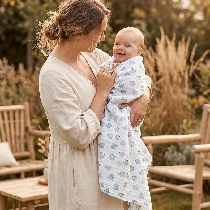 4-Pack Muslin Swaddle Blankets for Newborns | 100% Cotton Breathable Soft, Large 31.5"x43.3" | Multi-Use Stroller Sunshade Nursing Cover & Receiving Blanket, Blue Dinosaur