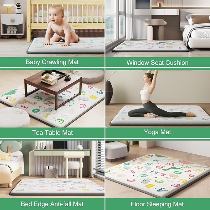 1.3" Thick Baby Play Mat for Floor, Elasti-Foam 71x59 Playpen Mat, Water Repellent Ultra Soft Coral Velvet Tummy Time Crawling Mats for Kid Toddlers Infants, Non-Slip Backing Safe Alphabet Zoo