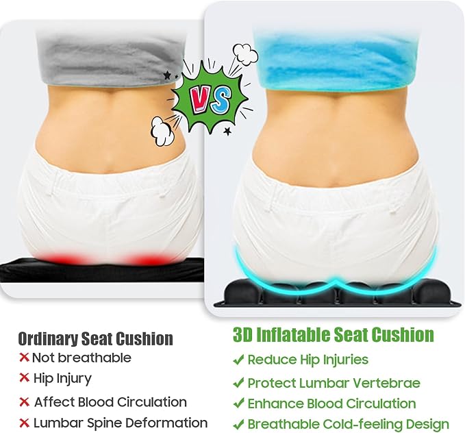 Kimburg Inflatable Travel Seat Cushion, Relieve Pessure Hips, 3D Airbag Wheelchair Pad Portable Car Seat Cushions for Office Chair, Wheelchair, Stadiums, Dining Chair