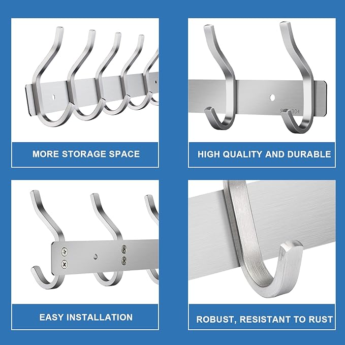 HAMUTH 12 Inch Wall Hooks, 304 Stainless Steel Coat Hanger Wall Mount with 4 Hooks, Silver Coat Hooks for Hanging Backpack,Bag, Purse,Clothes,Towel | Entryway & Bathroom Storage Organization Hanger