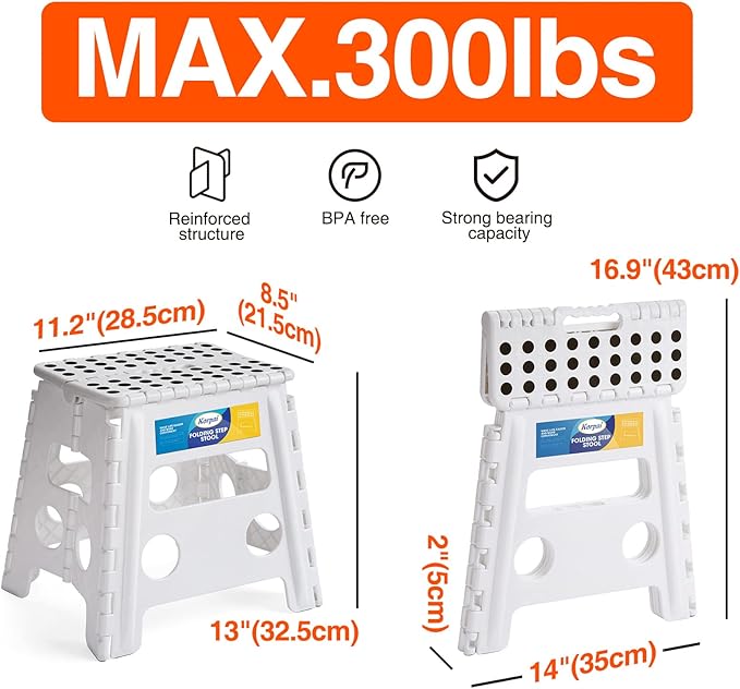 Korpai 13" Folding Step Stool for Adults and Kids Holds Up to 300 lbs,Non-Slip Folding Stools with Portable Handle, Compact Plastic Foldable Step Stool for Bathroom,Bedroom, Kitchen,White,1PC