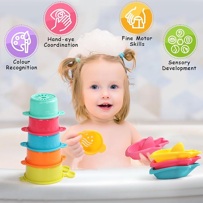 Baby Bath Toys for Kids Ages 1-3 Toddler Bath Toys Mold Free Bathtub Toys for 12+ Months Pool Water Table Beach Sand Toys Stacking Cups Floating Boats for 1+ Years Old Girls Boys Gifts 11 PCS