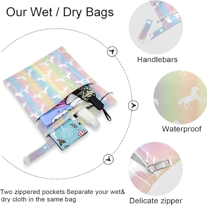 visesunny White Unicorn Colorful Rainbow 2Pcs Wet Bag with Zippered Pockets Washable Reusable Roomy for Travel,Beach,Pool,Daycare,Stroller,Diapers,Dirty Gym Clothes, Wet Swimsuits, Toiletries