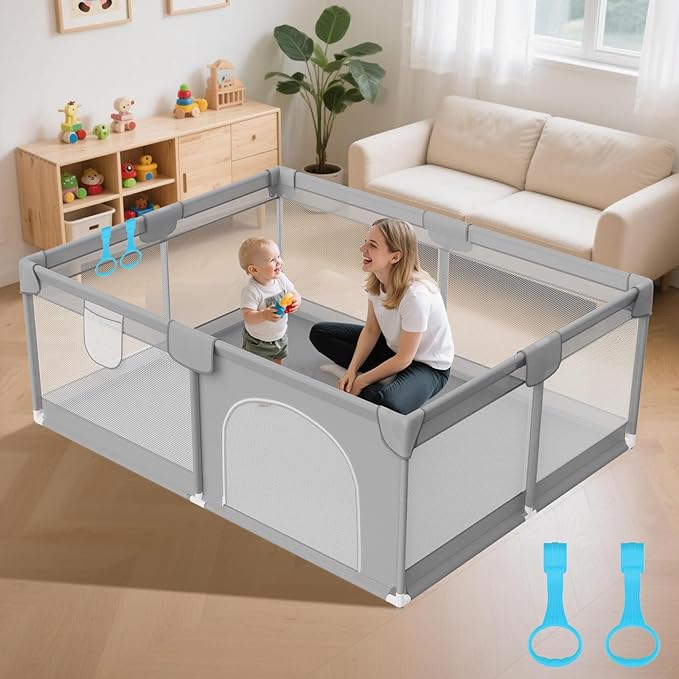 Deeteck 74"x50" Large Baby Playpen - Playpen for Babies and Toddlers with Breathable Mesh & 2 Handles - Baby Fence Playard Safety Activity Center for Indoor & Outdoor, Grey