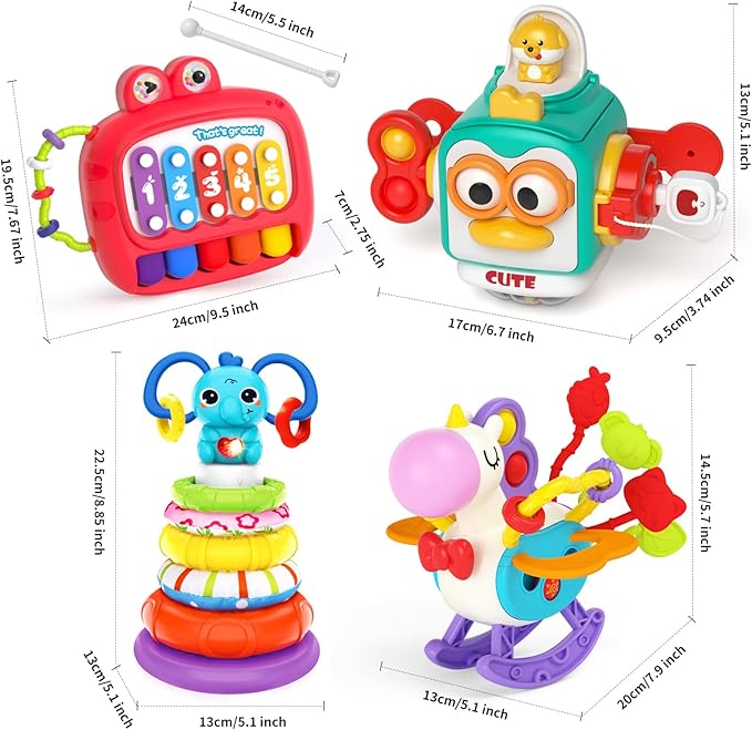 usrela 4 in 1 Baby Toy for 6 9 12 18 Month, Learning Toys for Babies 6-12 Months, Baby Busy Cube, Stacking Sorter, Pull String & Piano Xylophone Travel Toy, Birthday Gift for 1 2 Year Old