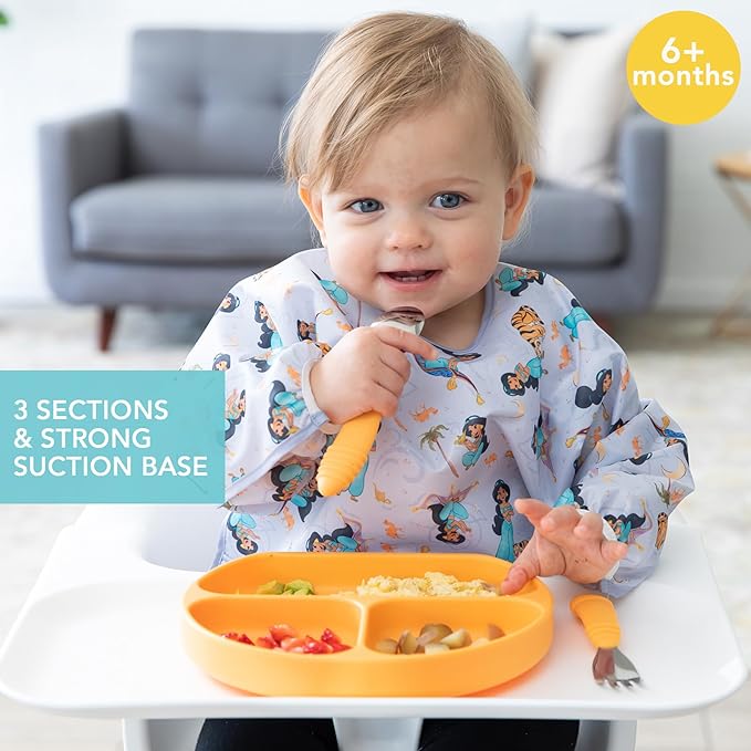 Bumkins Toddler and Baby Suction Plate, Silicone Divided Grip Dish, Babies and Kids, Baby Led Weaning, Children Feeding Supplies, Non Skid Sticky Bottom, Platinum Silicone, 6 Months Up, Tangerine