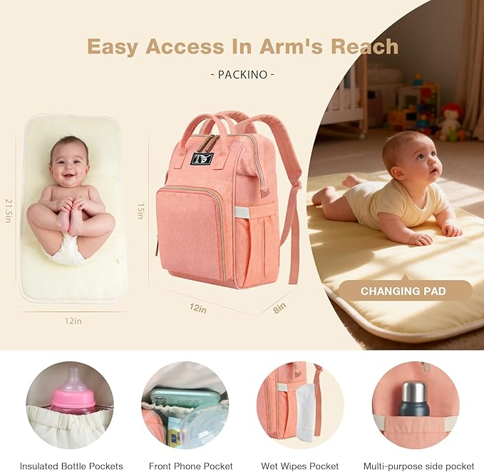 Packino Diaper Bag Backpack for Women - Multifunction Travel Essentials Baby Diaper Bag with Changing Pad, Large Backpack Baby Girl Boy, Insulated Bottle Holders & Stroller Straps (Pink+Orange)