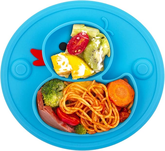 Linowos Baby Divided Plate Silicone- Portable Non Slip Child Feeding Plate with Suction Cup for Children Babies and Kids BPA Free Baby Dinner Plate Microwave Dishwasher Safe … (Duck-Blue)