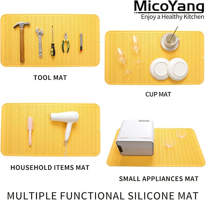 MicoYang Silicone Dish Drying Mat for Multiple Usage,Easy clean,Eco-friendly,Heat-resistant Silicone Mat for Kitchen Counter or Sink,Refrigerator or Drawer Liner Yellow 4XL 32 inches x 18 inches