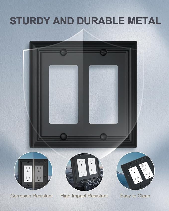 2-Pack Double Decorator Outlet Covers, Decorative Black Wall Plates, Metal Face Plates for Receptacle, GFCI Outlet, Dimmer Switch, 4.96''*4.88'', Midsize