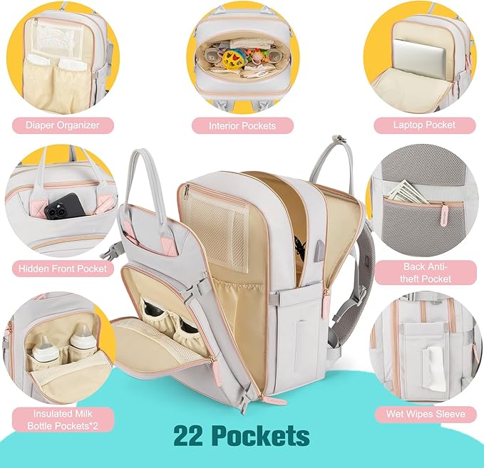BAGPARKK Diaper Bag Backpack, Multi function Baby Bag with Portable Changing Pad, Pacifier Holder,Waterproof Diaper Bags with USB Charging Port,Anti-Theft Travel Backpack for Mom, Dad, Newborn (Gray)