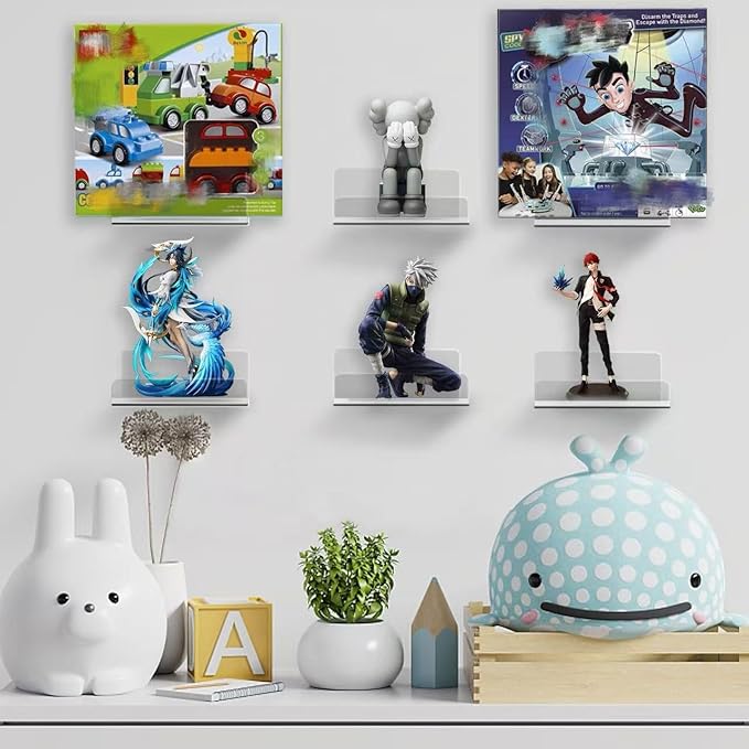DingCo Floating Acrylic Shelves, 4x4 Inch Clear Wall Shelves, Small Plant Display Stand (No Drill Shelf, 4 Pack)