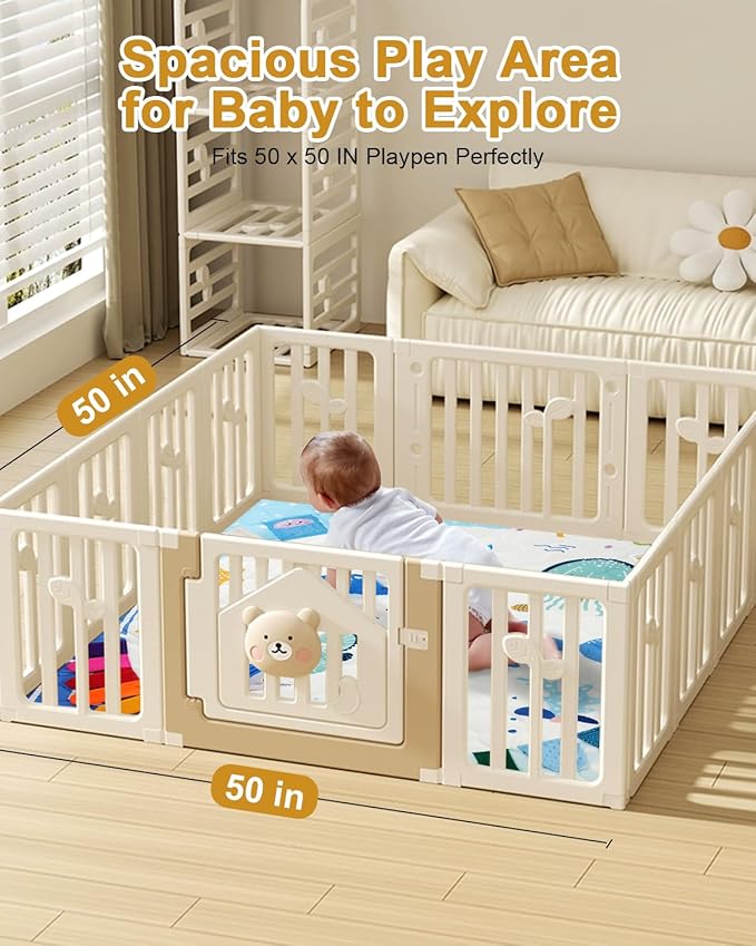 Premium Foam Baby Play Mat 50x50, 4 Developmental Zones Play Mat with Removable & Machine Washable Cover, Extra Thick Padding Playpen Mat, Easy to Clean for Infants, Toddlers & Babies