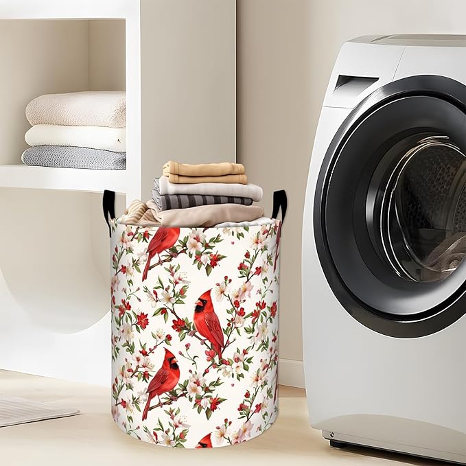 Cute Red Cardinal with Flowers Laundry Basket with Handles, 19.7"x15.7" Clothes Foldable Laundry Hamper Organizer for Dorm Nursery Bedroom Bathroom Decor, Toy Storage Bin for Kids