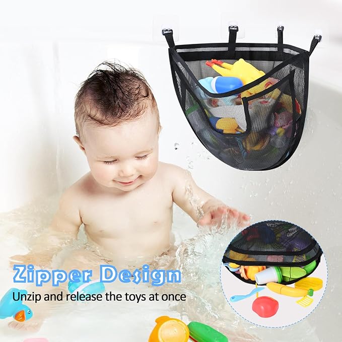 Bath Toy Storage, Corner Bath Tub Toy Storage Holder with Bottom Zipper, Quick Release Bath Toy Organizer with Large Pocket, Mesh Shower Toy Holder Basket Net Bin for Bathtub Toys - Black