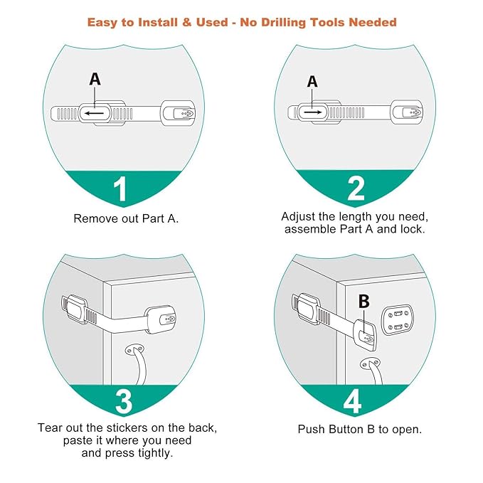 16 Pack Vmaisi Multi-Use Adhesive Straps Locks - Childproofing Baby Proofing Cabinet Latches for Drawers, Fridge, Dishwasher, Toilet Seat, Cupboard, Oven,Trash Can, No Drilling (White) (16)
