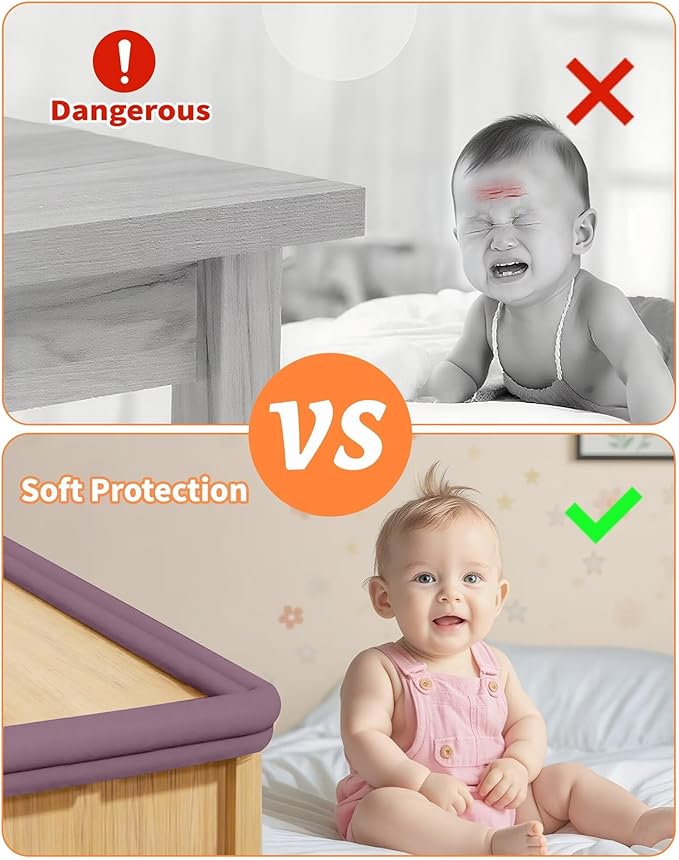 Edge Protector for Baby Proofing, 6.6FT 0.67’’Th L-Shape Air Buffering Soft NBR Rubber Foam Furniture Edge Bumper Guards with 6 Corners, Pre-Taped, Thick Table Bumper Guard for Babies (Purple)