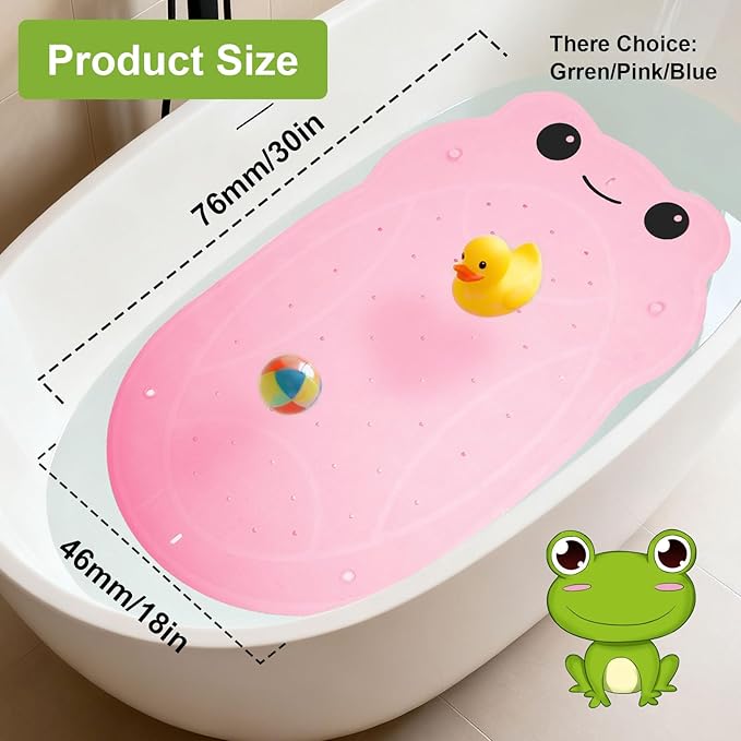 Bathtub Mat Non Slip for Baby Toddlers 30"x 18",Cute Bath Shower Mat with Frog Pattern for Tub,Washable Anti Slip Kids Bath Mat Shower Mats for Bathroom Kitchen Restroom,Pink