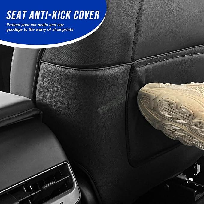 INFIVITA Automotive Seat Back Protector for Tesla Model 3/Y (2017-2025) - Waterproof Leather Kick Mat with Storage Pocket