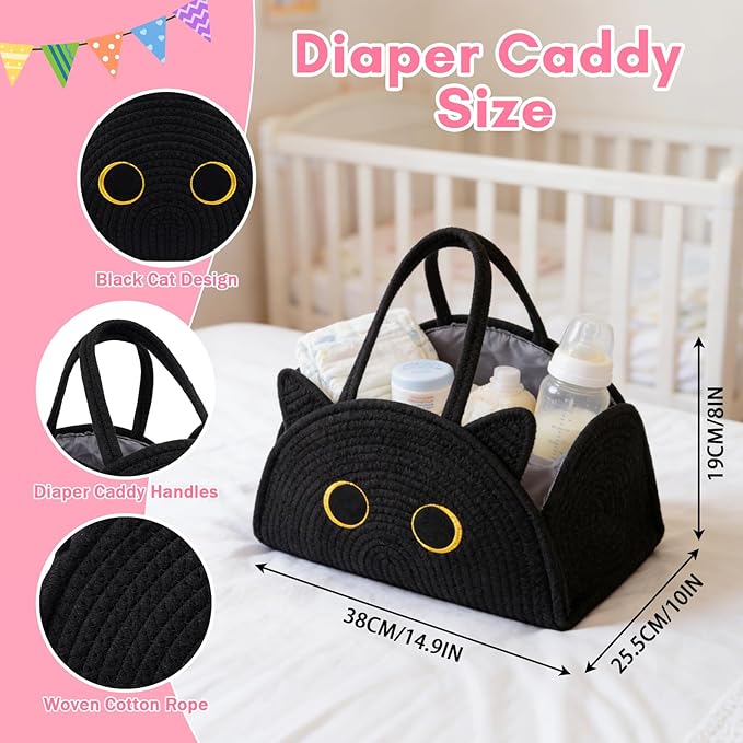 Black Cat Baby Diaper Caddy Organizer, Cute Cat Woven Cotton Rope Basket for Nursery, Portable Caddy Empty Gift Basket, Large Bag Baby Shower Towels Wipes for Newborn Essentials Storage Bins