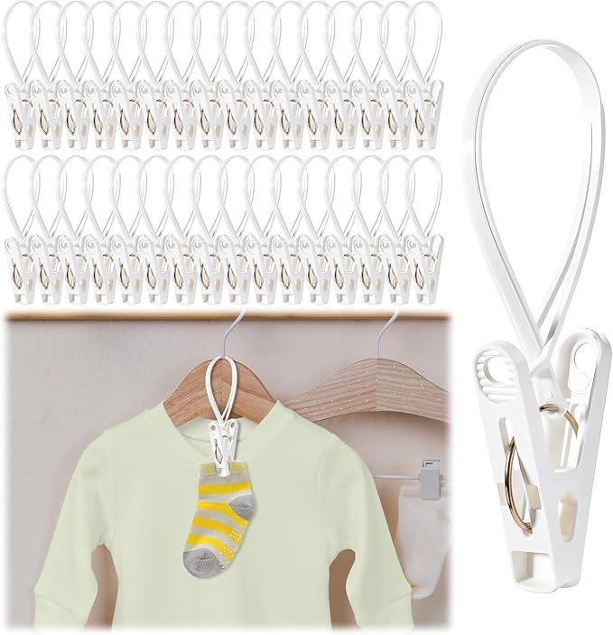 90 Pack Multi-Purpose Clothes Pins Laundry Hooks Hanging Clips with Plastic Rope for Baby Clothes Closet Organizer for Pants Hat Sock Boot Bra Towel Bathroom Wardrobe Kitchen, White