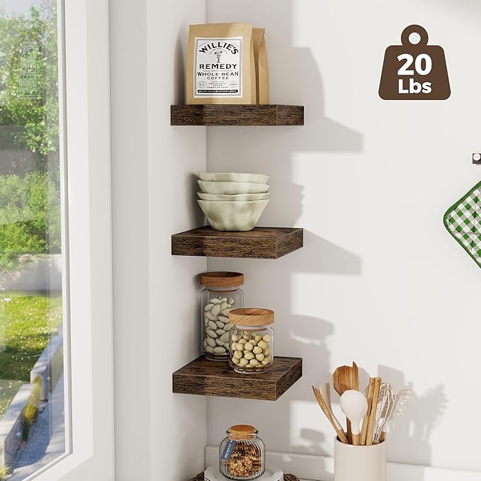 Fun Memories Small Floating Shelves for Wall - 8 Inch Square Wall Shelves with Invisible Brackets, Rustic Brown Shelves for Bathroom, Living Room, Bedroom, and Kitchen Decor, Set of 3